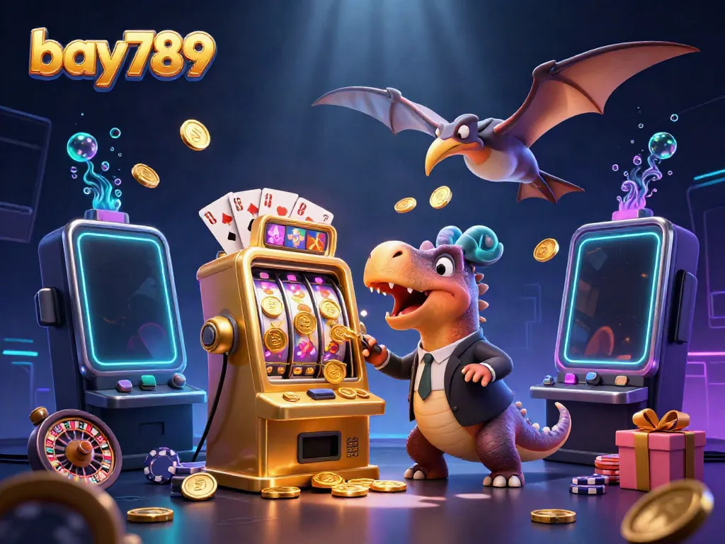 bay789 casino illustration with vibrant characters and dynamic gaming elements.