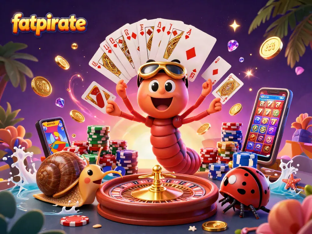 FatPirate casino scene featuring a millipede dealer and high-roller snail amidst cascading gold coins and vibrant gems.