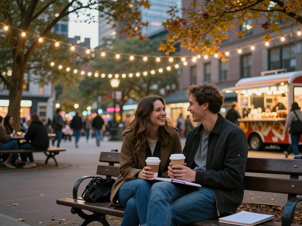 Couple laughing on a park bench in an urban dating scene, f168.dating.