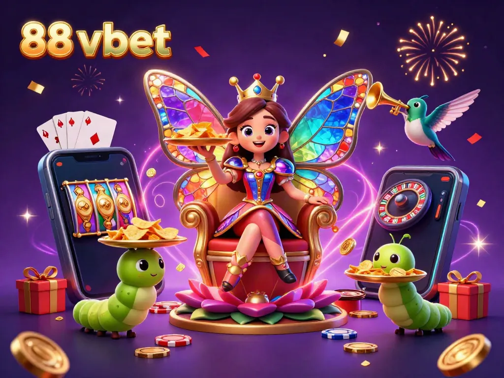 88 vbet showcases vibrant 3D illustration of a butterfly queen and game elements for online entertainment.