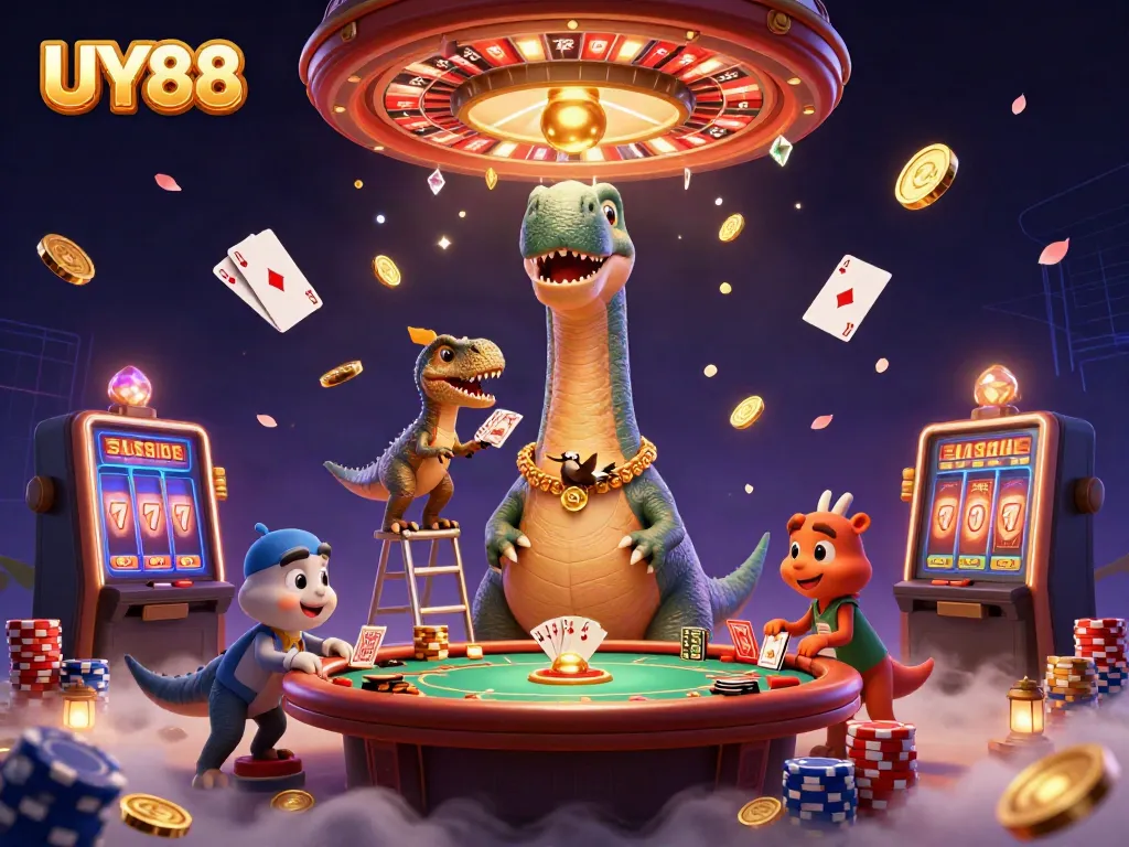 Experience the excitement of UY88 casino with a brontosaurus and raptor amid dynamic gambling elements.
