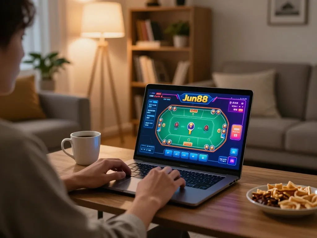 Person playing poker online at Nhà cái Jun88 in cozy home setting with laptop and snacks.