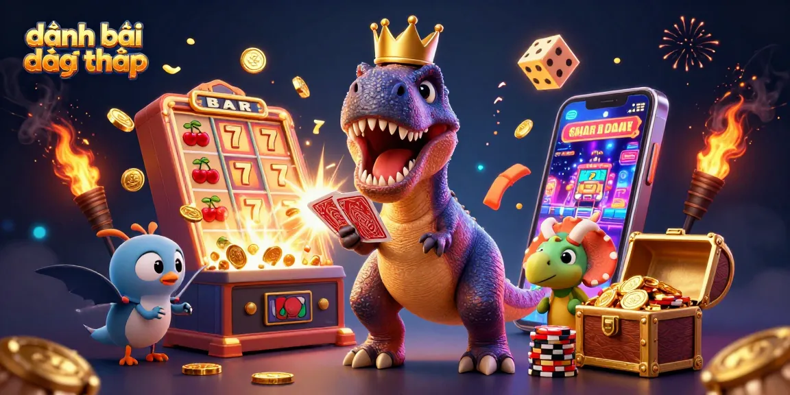 Engage in đánh bài đổi thưởng as friendly dinosaur characters shuffle cards and stack chips in a vibrant casino scene.
