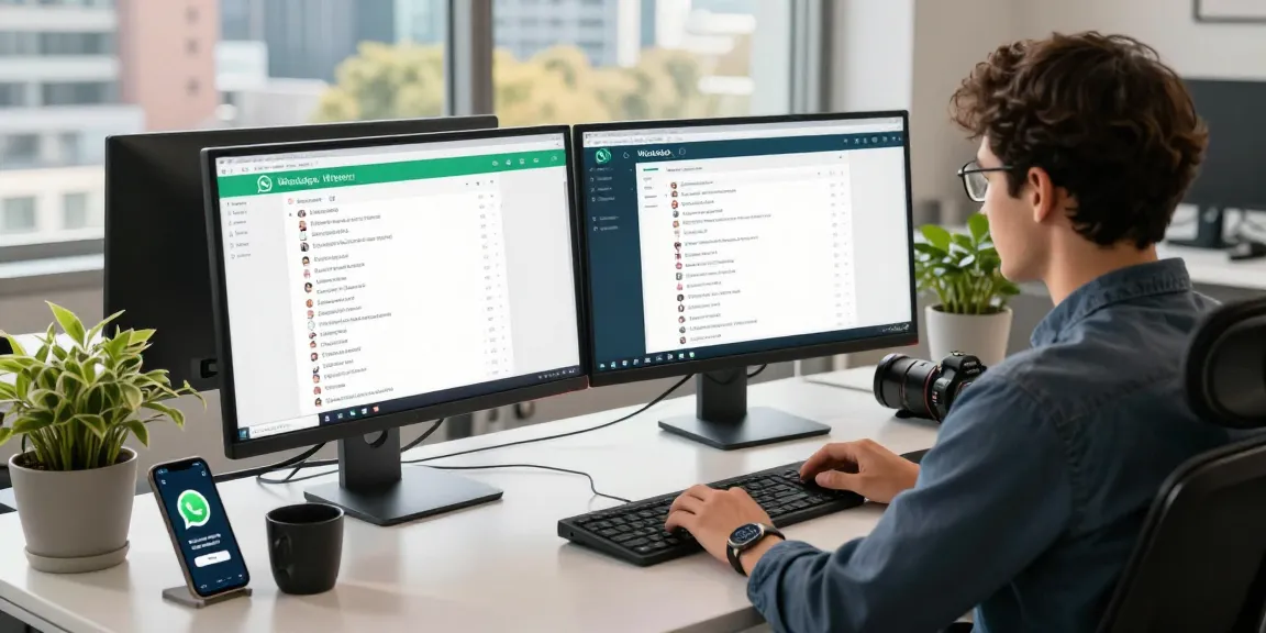 Individual engaging with WhatsApp網頁版 on a modern desktop setup, showcasing vibrant tech workspace.