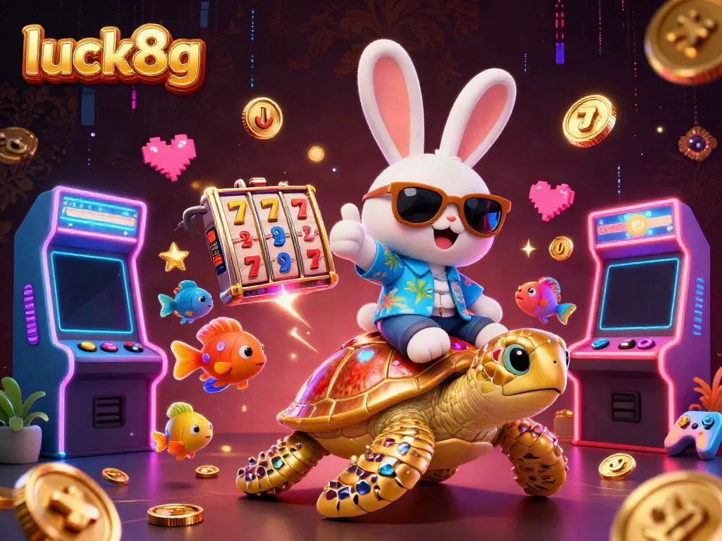 Experience the excitement at luck8g with a digital gaming illustration featuring a lucky rabbit and golden turtle.