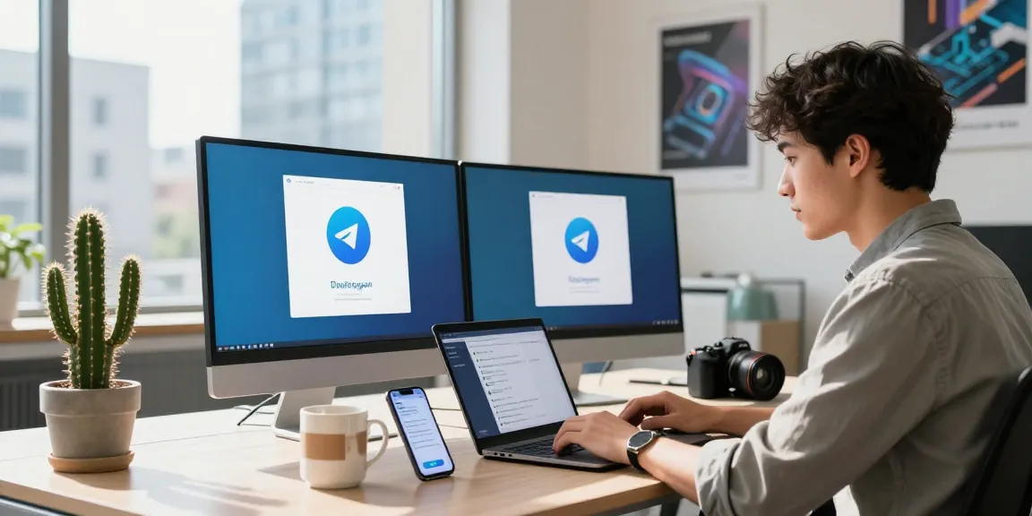 Download Telegram on a modern workspace with dual monitors and a casual professional.