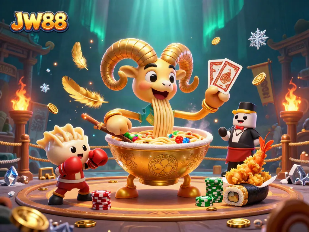 Experience the thrilling JW88 casino action with a playful ramen bowl dealer and vibrant characters.