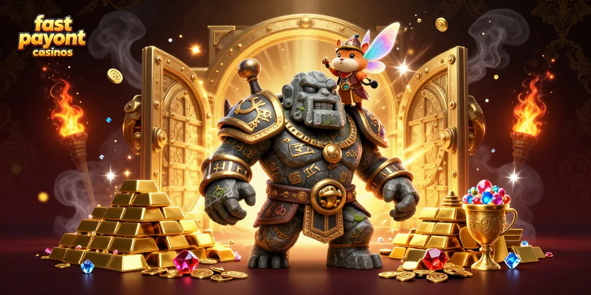 Experience fast payout casinos with a 3D golem, fairy, and hamster knight in a vibrant treasure scene.