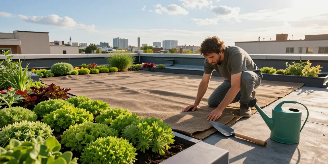 proces van groen dak aanleggen met een expert tuinier die sedummatten installeert op een stedelijke daktuin