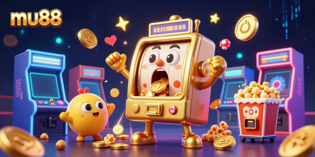 Experience excitement at mu88 with a lively scene of a golden slot machine celebrating a jackpot amidst colorful gaming elements.