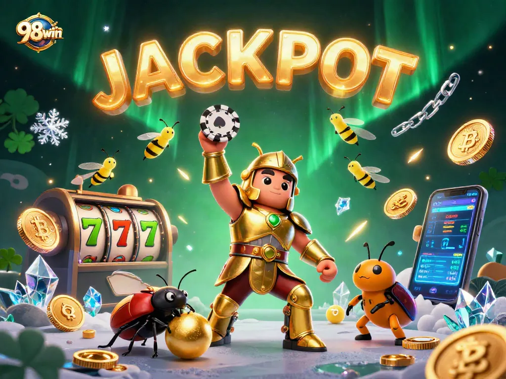Experience jackpots and gaming thrills with 98win in this dynamic online casino illustration.
