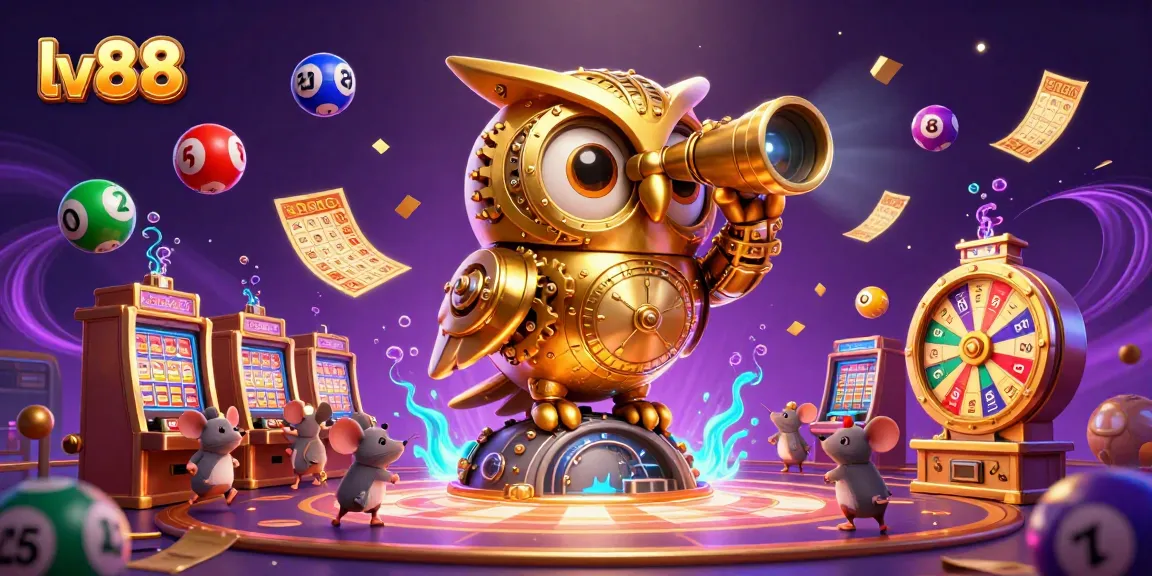Experience thrilling gaming with lv88 as a clockwork owl surveys a vibrant casino scene.