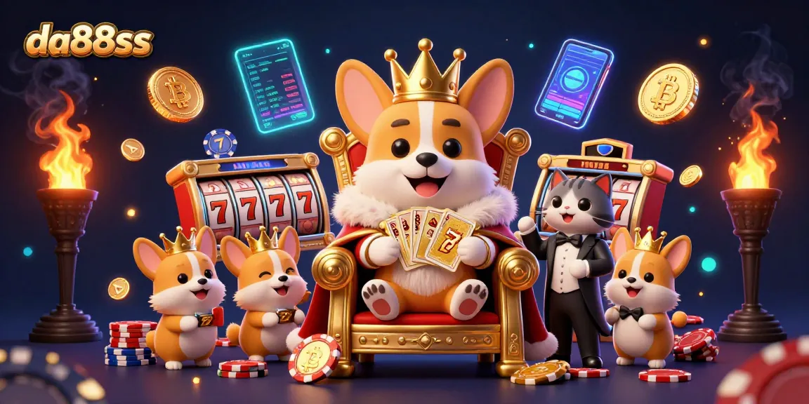 Experience thrilling wins at da88sss featuring a royal corgi amidst slot reels and crypto coins.