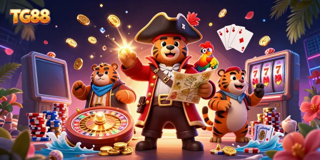 Engage in thrilling gameplay with TG88's animated casino scene featuring a pirate bear and tiger.
