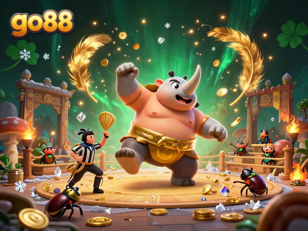 Experience the exhilarating action of go88 with a 3D illustration showcasing a beetle sumo champion amidst flying coins and dynamic casino elements.
