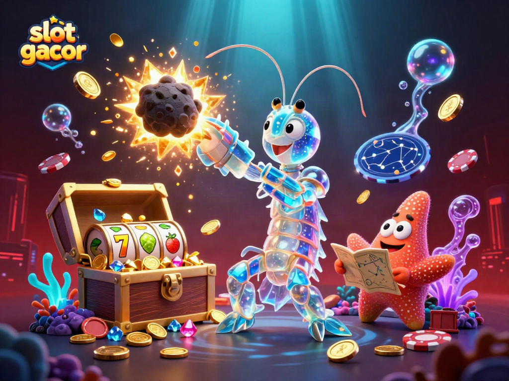 Experience the thrill of slot gacor as the galactic shrimp battles asteroids in a vibrant casino scene.