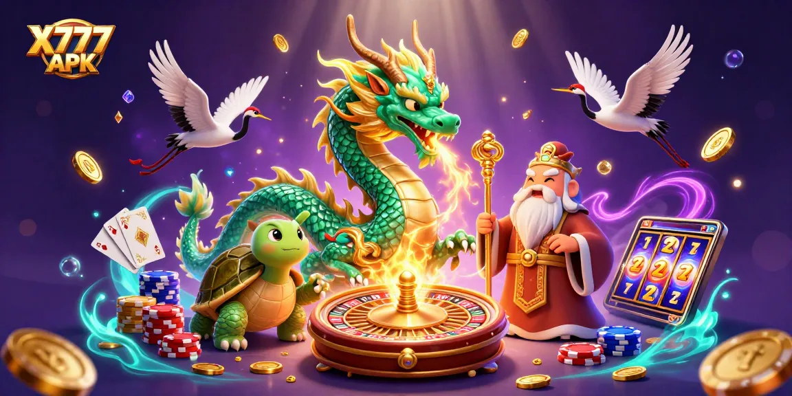 Experience the excitement of X777 APK with a dynamic illustration of a jade dragon, lucky cranes, and vibrant casino elements.