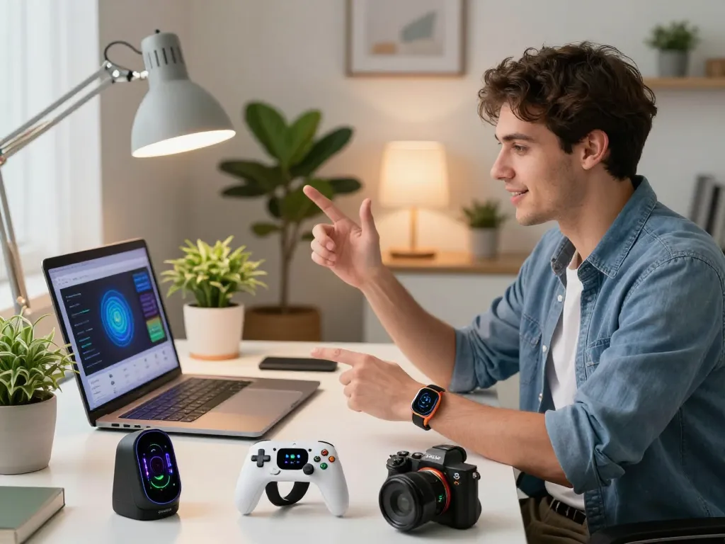 Engaged user exploring smart tech gadgets in a modern home office, showcasing Bluetooth-enabled devices like a game controller and fitness tracker.