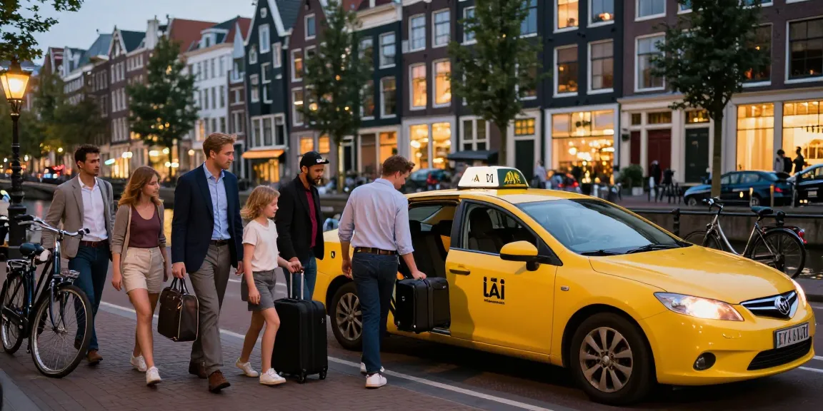 Taxi Amsterdam scène met vriendelijke chauffeur die passagiers helpt in een levendige stadssetting