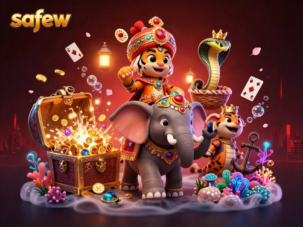 Engage in exciting gaming with safew featuring a 3D maharaja tiger, elephant, and dynamic casino elements.