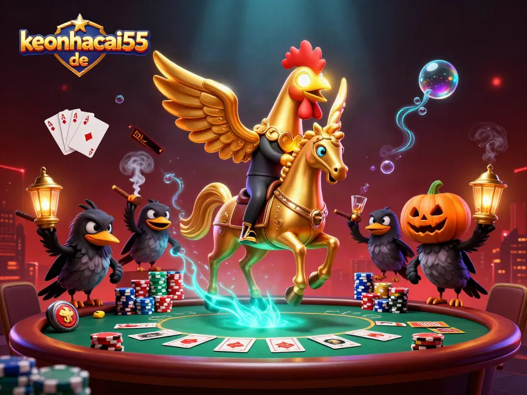 Engage with the thrilling casino scene at keonhacai55 de featuring a golden rooster and poker elements.