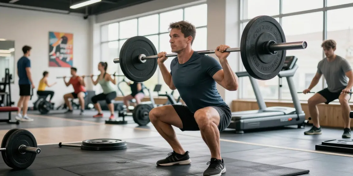 Prime Pharma Steroiden training scene showing an athlete performing barbell squats in a bright gym.