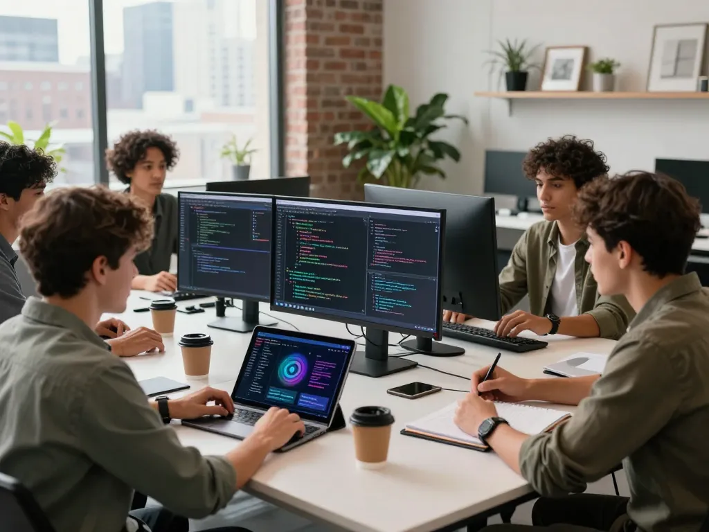 Developers collaborating in a tech workspace using juicy ai for AI-generated content visualization.