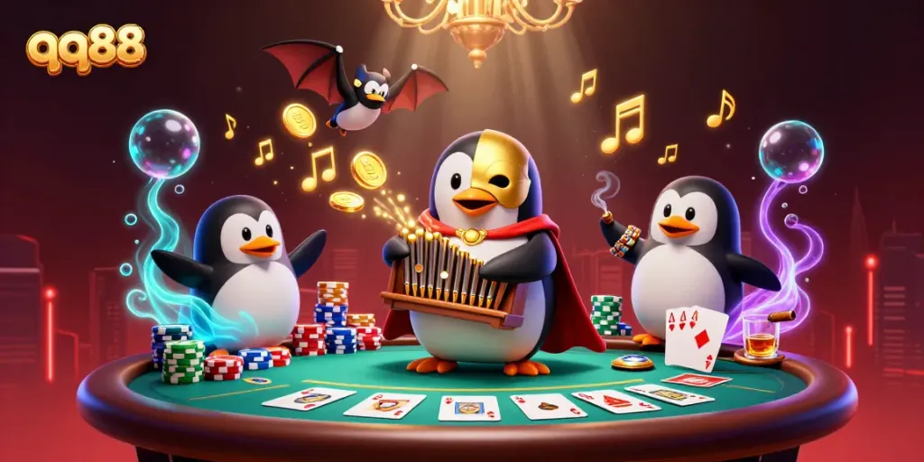Engage in thrilling action with qq88 as a phantom penguin orchestrates a vibrant casino scene.