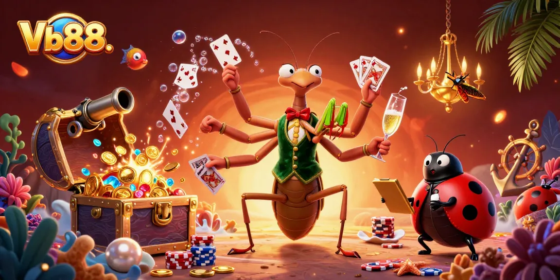 Engage in the excitement of Vb88. with captivating 3D casino characters amidst dazzling treasures.