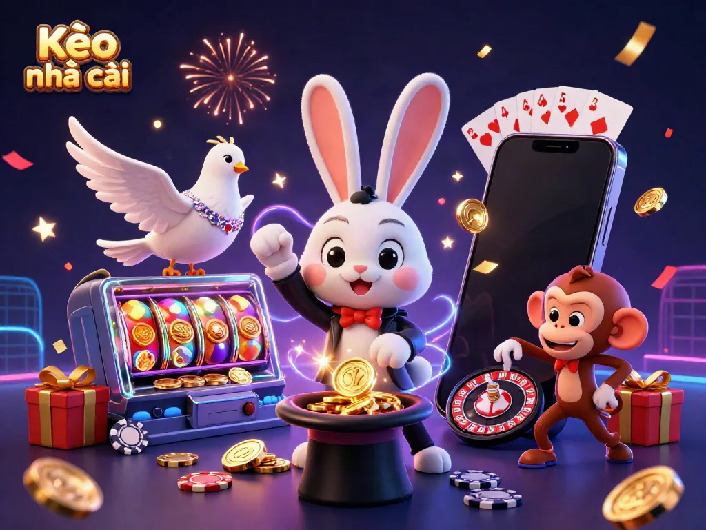 Experience the thrill of Kèo nhà cái with a magical illustration featuring a rabbit, dove, and monkey surrounded by casino elements.