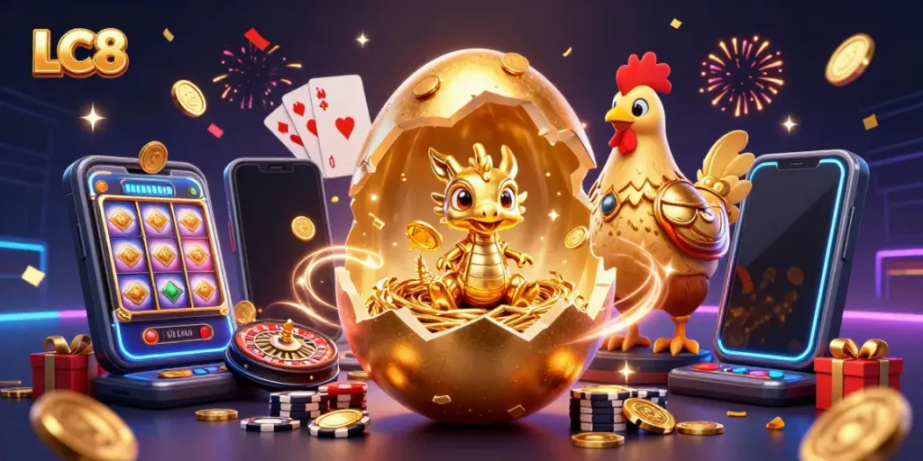 Experience the excitement of LC8 with a vibrant golden dragon, poker chips, and casino games.