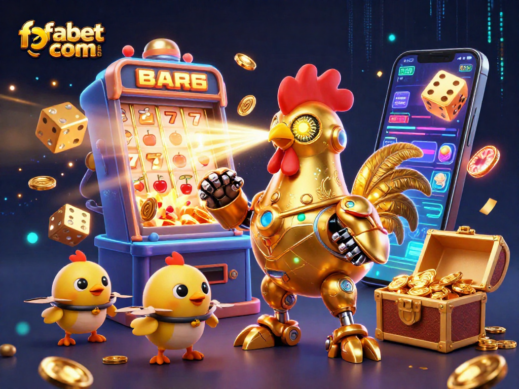 Experience the excitement with fabet com's vivid 3D casino illustration showcasing a golden rooster robot amidst a jackpot explosion.