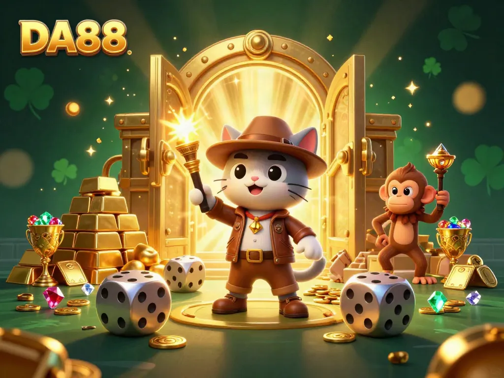 Experience DA88's gold-filled adventure with an explorer cat in a vibrant casino temple
