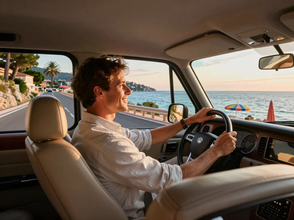 Trajet en taxi de luxe à Saint Tropez avec vues panoramiques sur la mer Méditerranée et chauffeur professionnel.