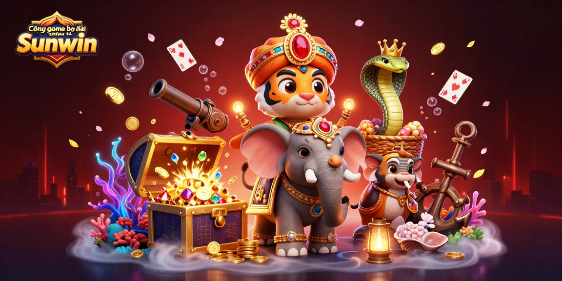 Cổng game bài đổi thưởng Sunwin offers a thrilling casino experience with vibrant graphics featuring a 3D maharaja tiger and treasure-filled adventures.