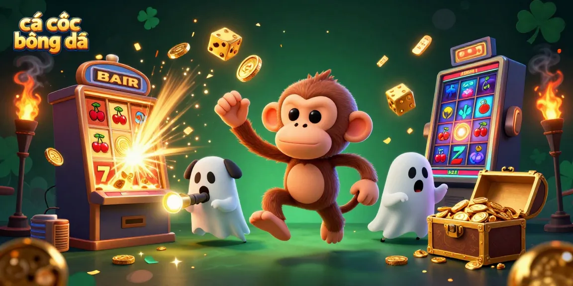 Experience cá cược bóng đá in a vibrant scene featuring a ghost-hunter puppy and a mischievous monkey juggling golden betting items.
