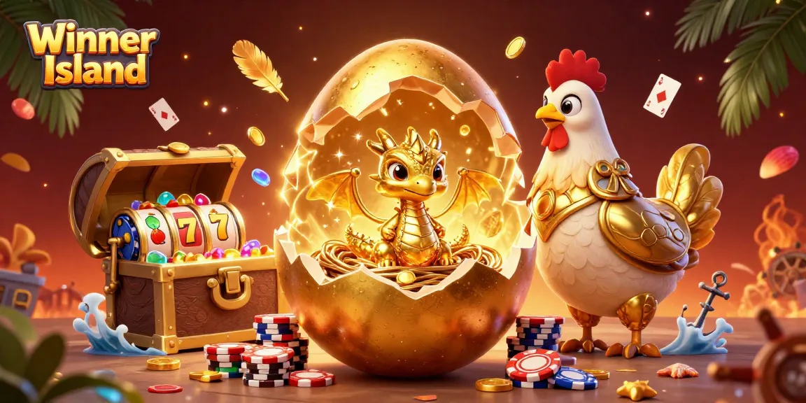 Experience the thrill of Winner Island Casino with a vivid 3D scene of gold and gambling excitement.
