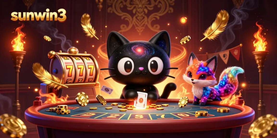 Experience the excitement of sunwin3 with a cosmic casino scene featuring a black hole cat and vibrant fox.