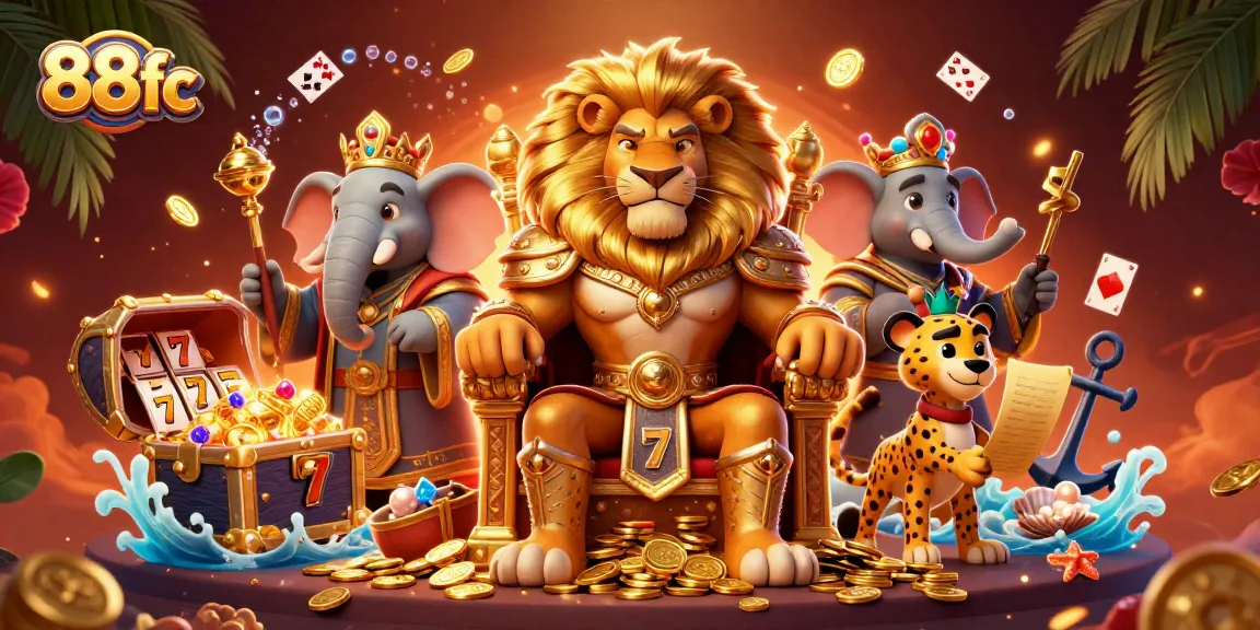 Use 88fc to experience the excitement of winning big at online slots amidst a vibrant, animated casino scene.