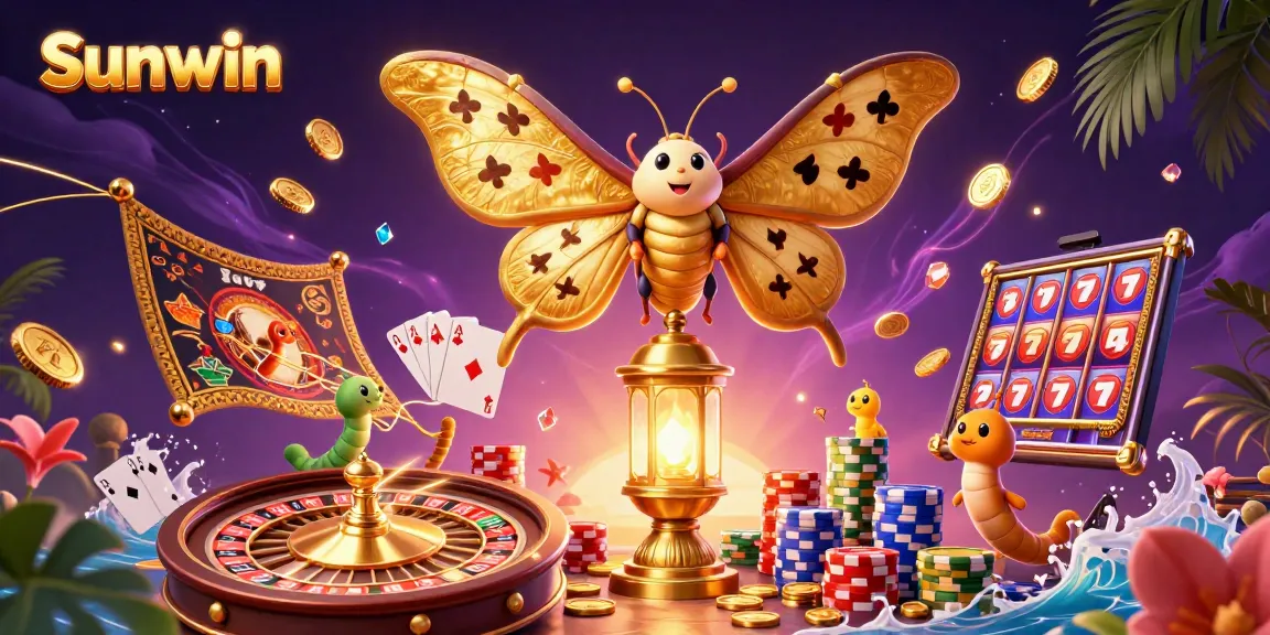 Sunwin players engaging in exciting games with dynamic slot reels and vibrant casino visuals.