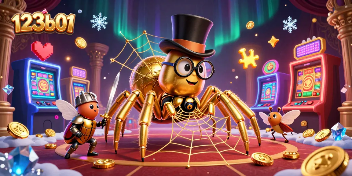 Engage in thrilling gaming at 123b01 with a golden tarantula weaving luck in a vibrant casino scene.