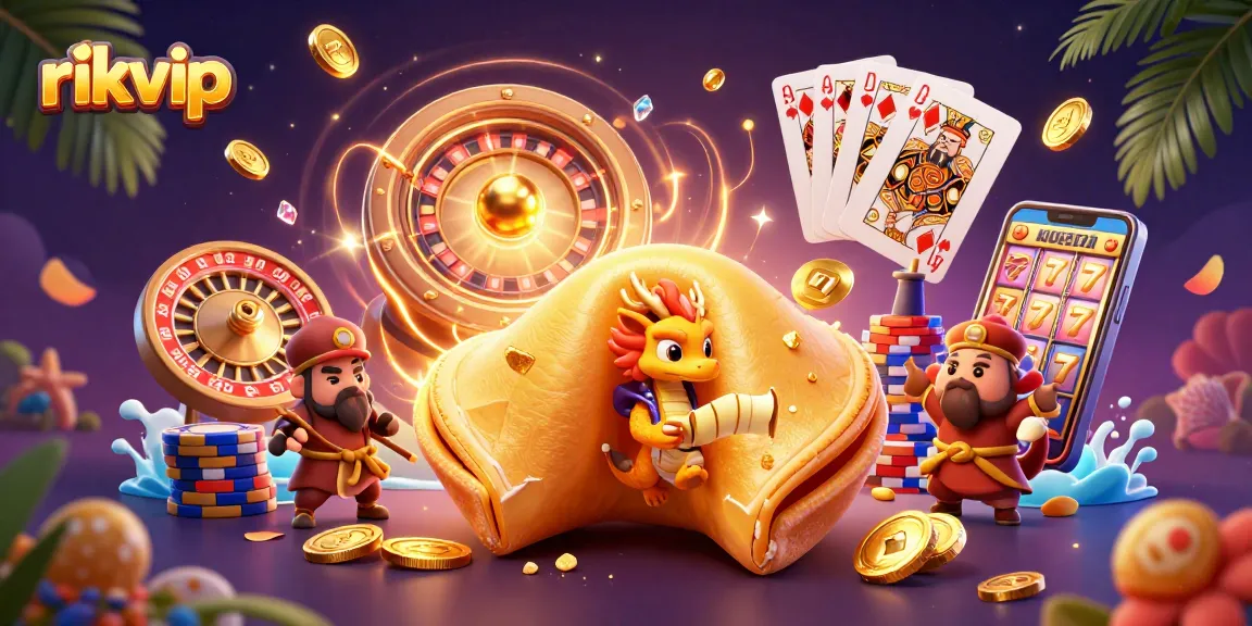 Experience thrilling games on rikvip with a vibrant casino-themed illustration full of golden coins, treasures, and luck.