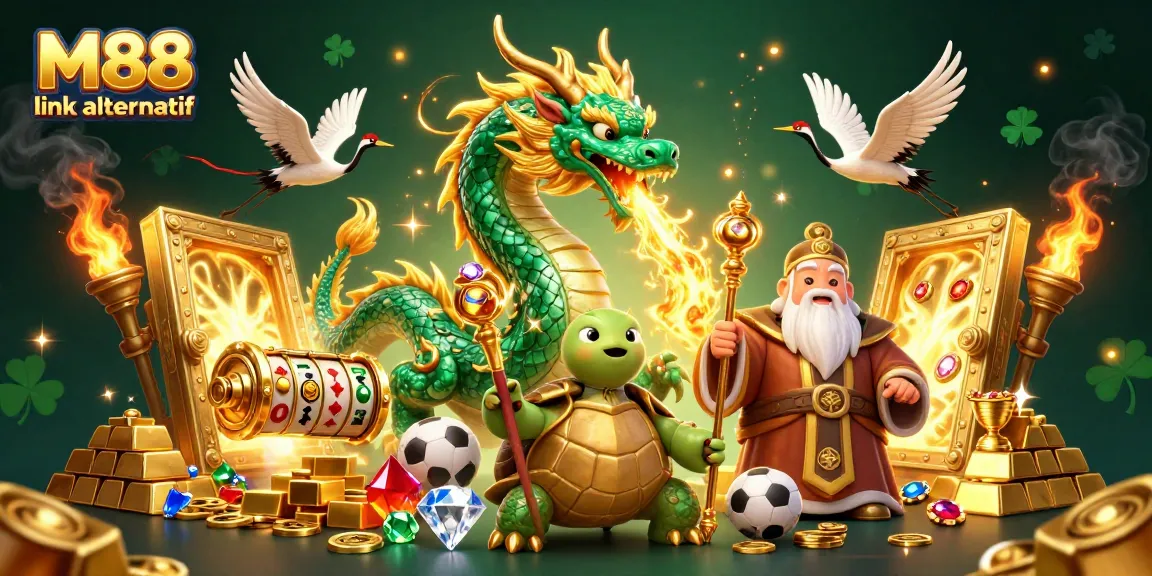Engage with M88 link alternatif for thrilling gambling experiences in a vibrant casino-themed illustration.