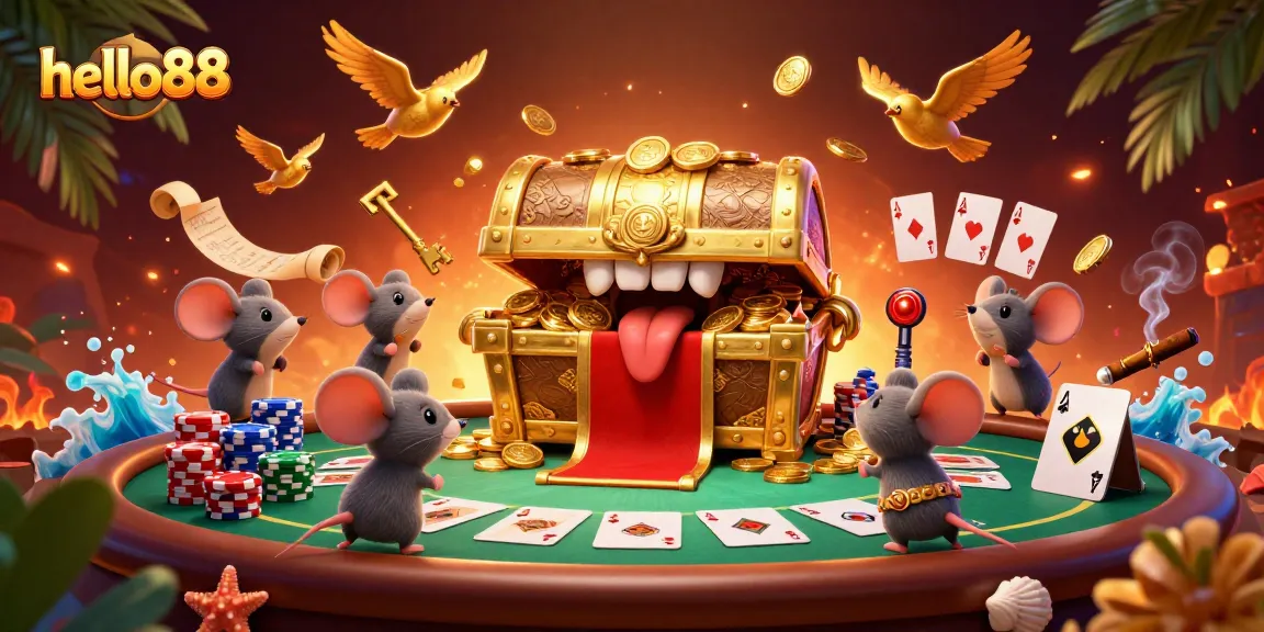 Experience excitement and wins at hello88 with a dynamic poker-themed 3D scene filled with gaming elements.