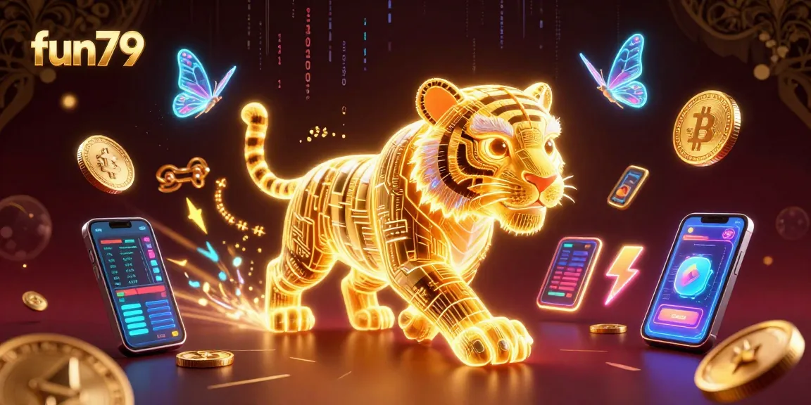 Experience the thrill of fun79 with a dazzling digital casino featuring a neon golden tiger amidst crypto elements.