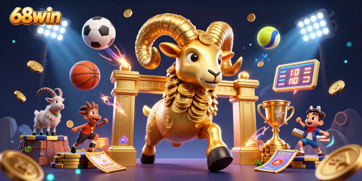 Experience thrilling bets with 68win, featuring a golden ram and dynamic sports elements in action.