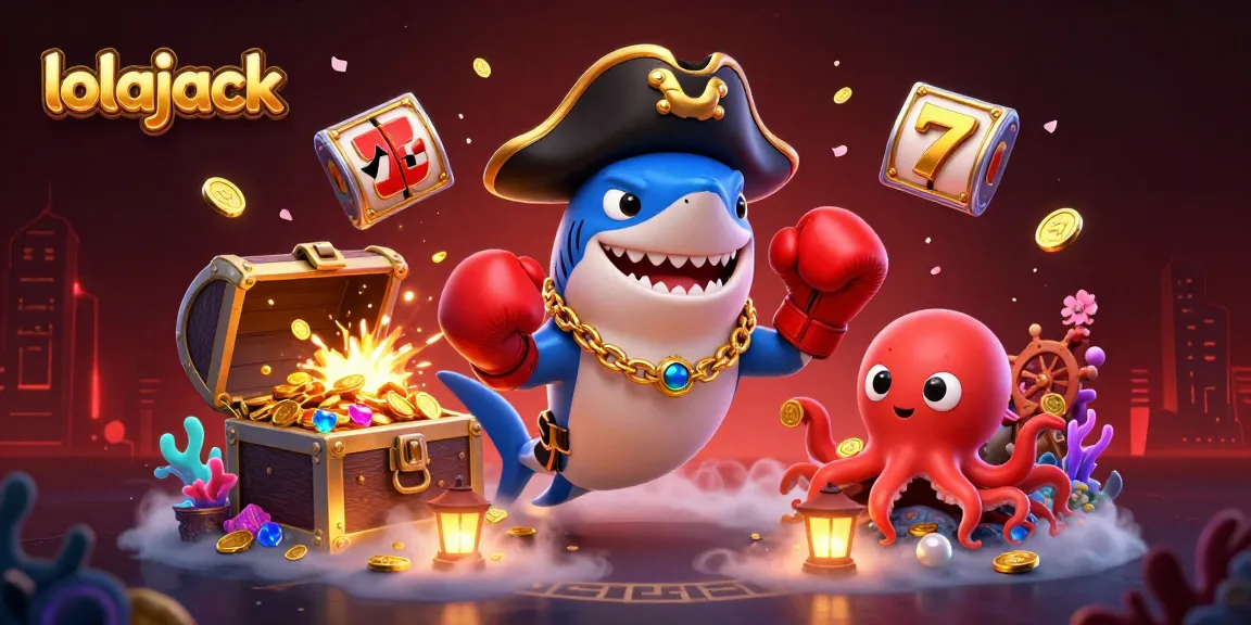Win big at lolajack with this vibrant 3D illustration of gambling adventures featuring a pirate shark and treasures.