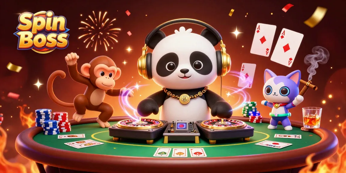 Spin Boss showcases a DJ panda and friends celebrating with poker chips and casino games in vibrant colors.