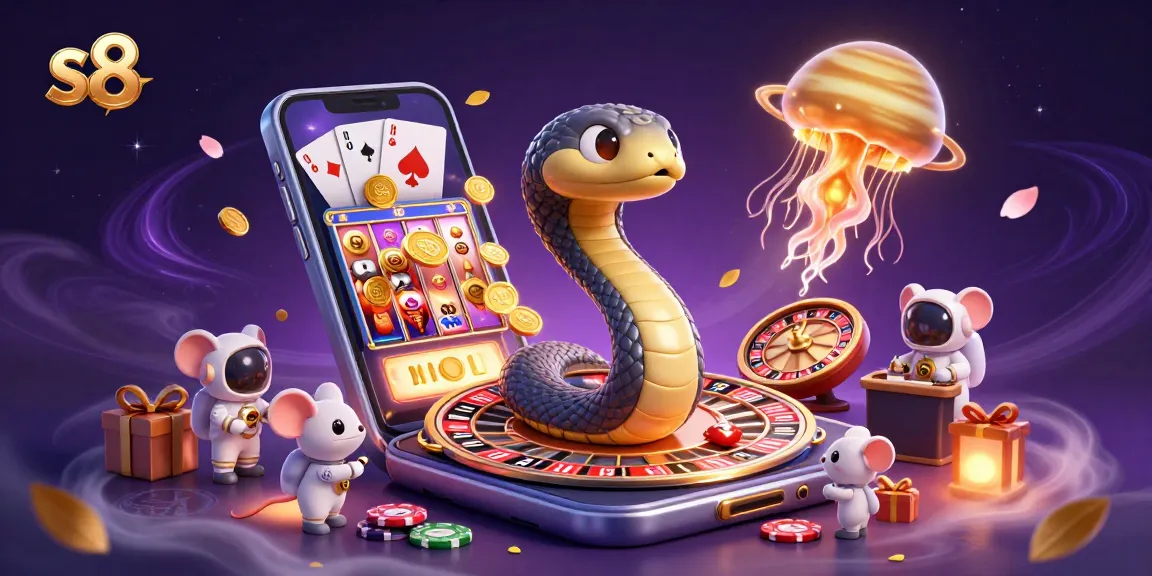 Engage with the S8 gaming universe as mice bet on Saturn's roulette rings while a jellyfish dealer oversees vibrant cosmic games.