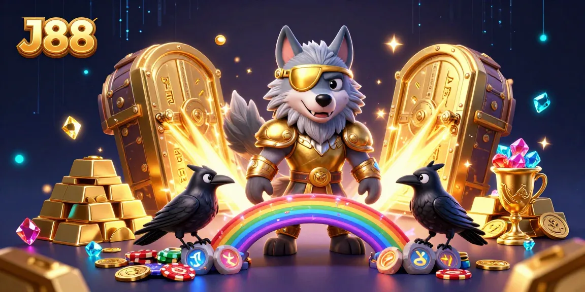 Experience thrilling gaming at J88 with Odin and ravens on a bridge of casino chips.